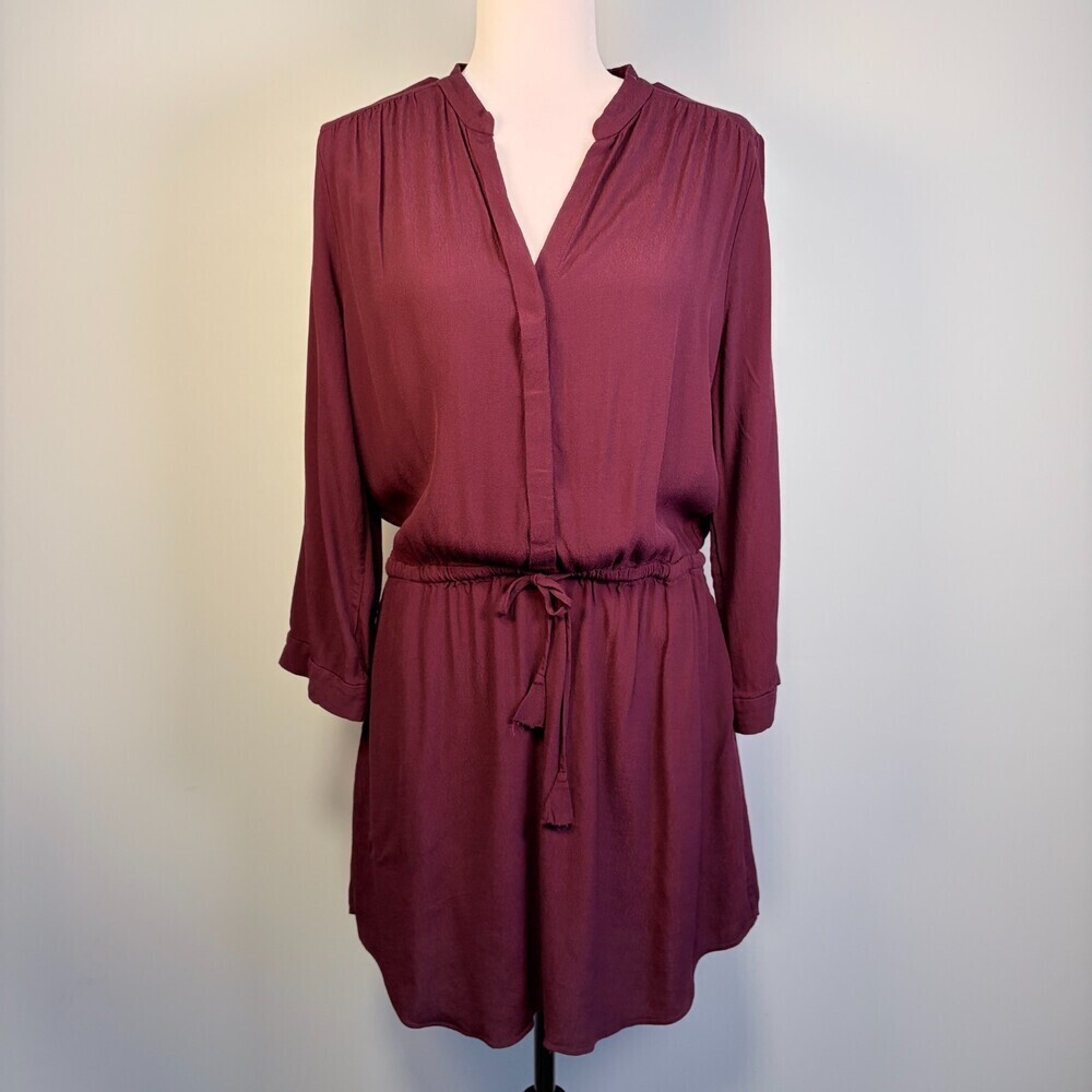 Babaton Shirt Dress Long Sleeve Tie Waist Corporate Girlie Burgundy Size Large - Picture 1 of 13
